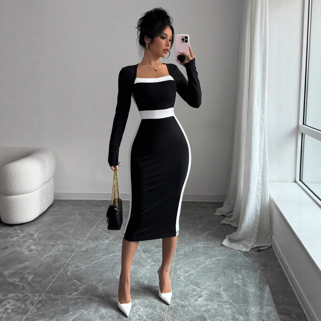Fashion Elegant Slim Fit Square Collar Long Sleeve