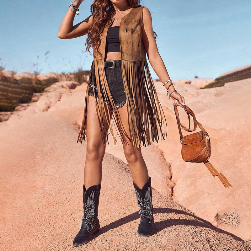 Vest - Round Neck Side Slit Hem With Boho Tassel