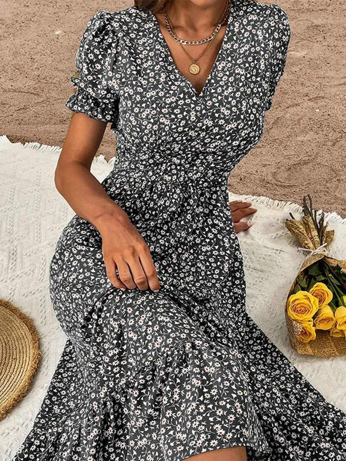 V-neck Floral Tight Waist Women's