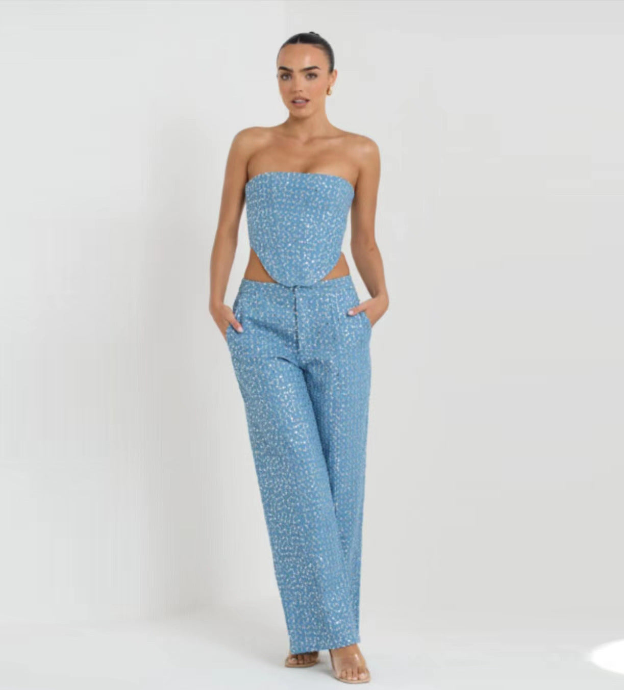 Fashion Denim Tube Top Wide Leg Pants