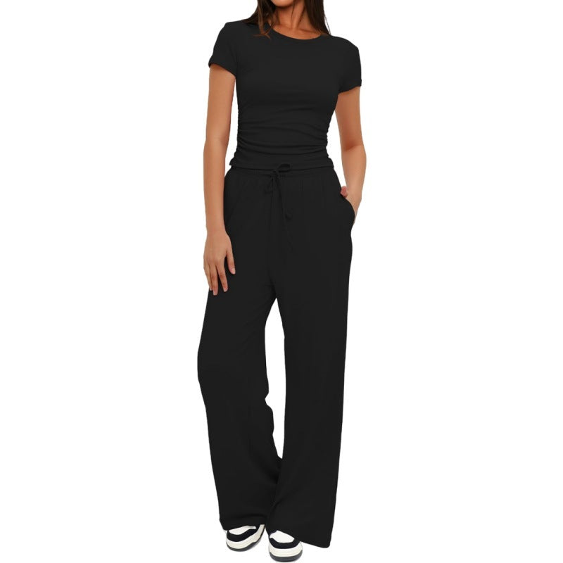 Fashion Casual Set Pleated Short Sleeves Top And Trousers