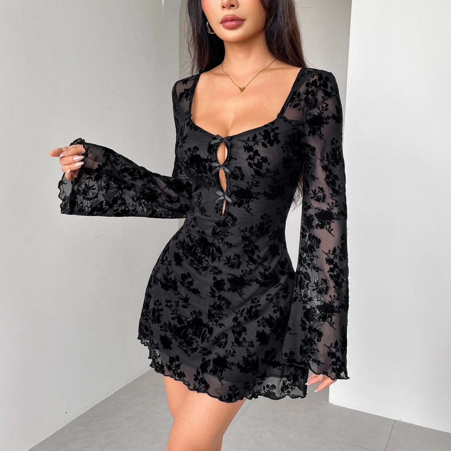 Floral Hollow Bow Dress