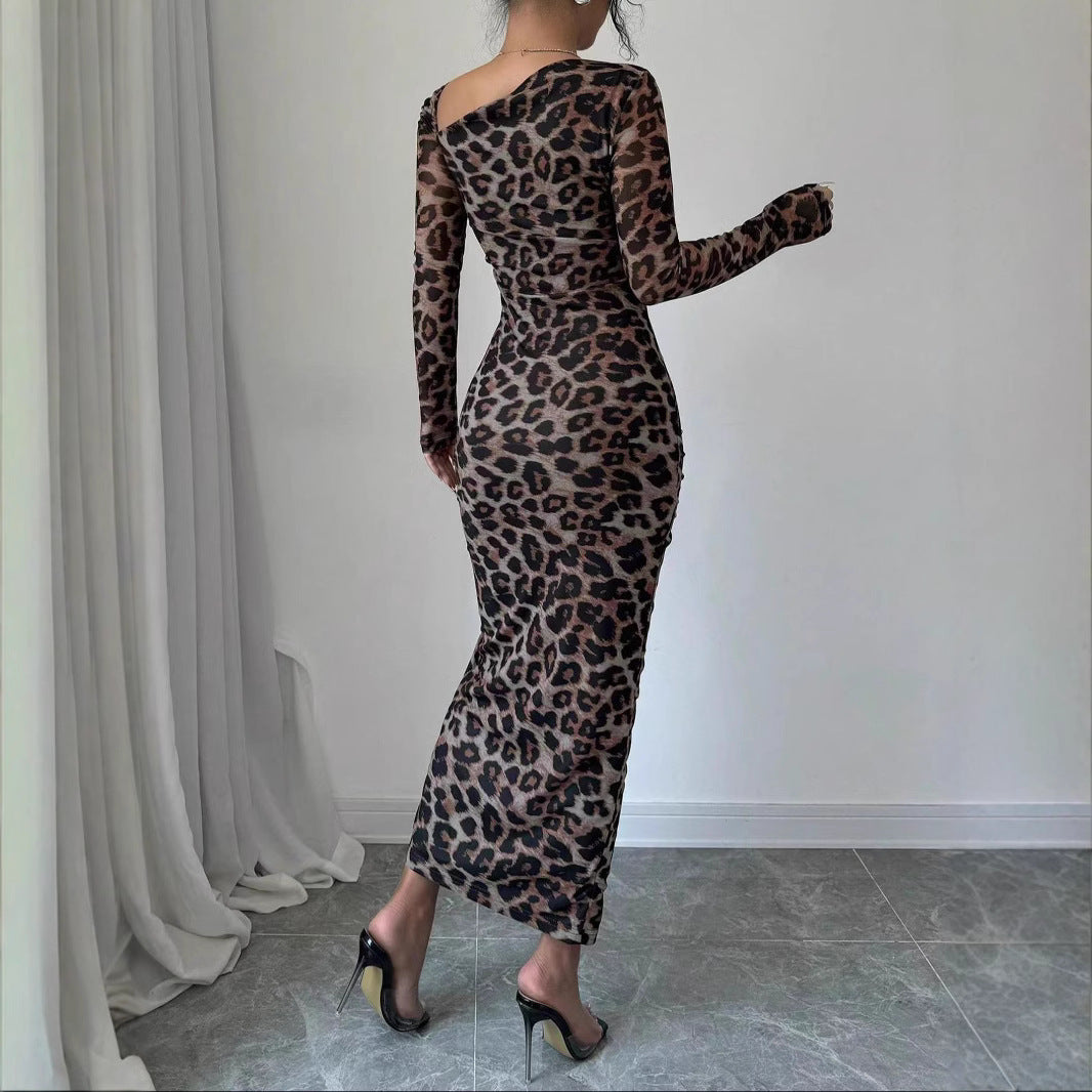 Round Neck Long Sleeve Sexy Leopard Print Dress
