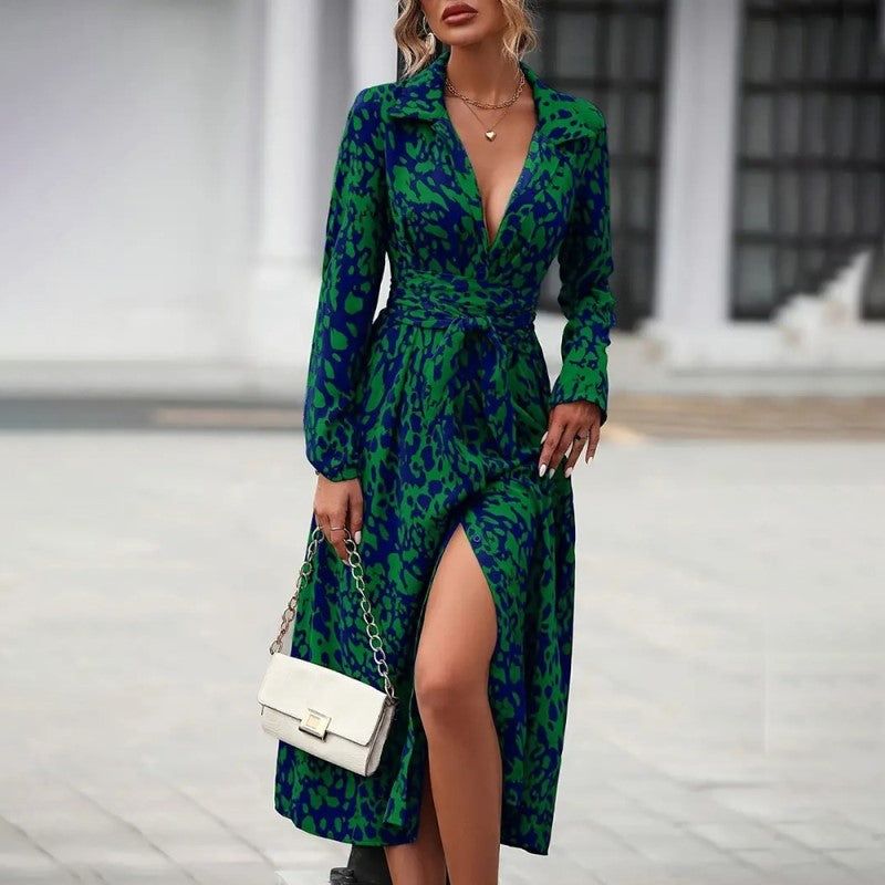 Women's Elegant V-Neck Belted Slit Dress With Leopard Print