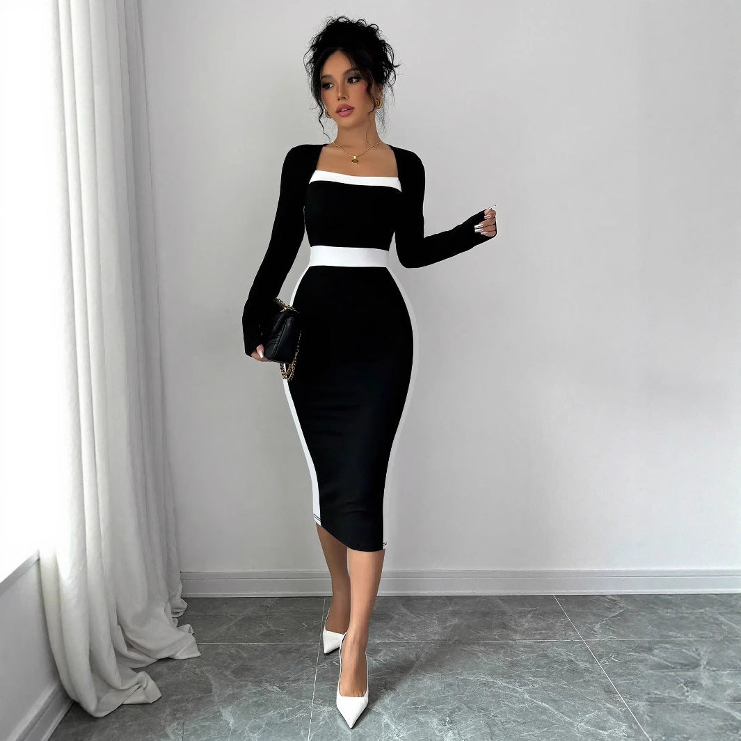 Fashion Elegant Slim Fit Square Collar Long Sleeve