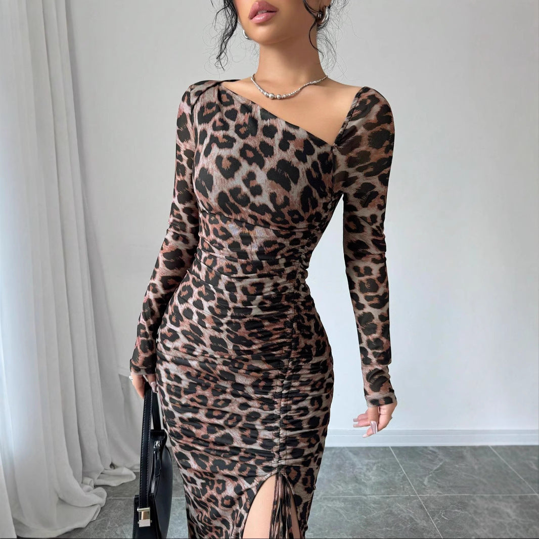 Round Neck Long Sleeve Sexy Leopard Print Dress