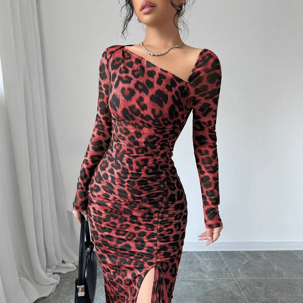 Round Neck Long Sleeve Sexy Leopard Print Dress