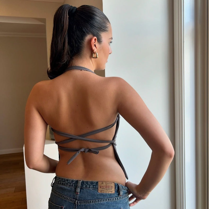 Off-neck Back Strap Halter Solid Color Top