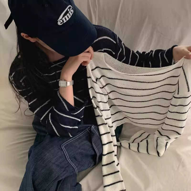 Off-neck Striped Ice Silk Sweater Loose