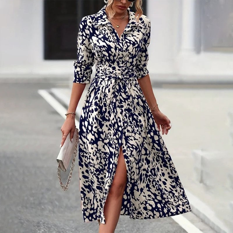 Women's Elegant V-Neck Belted Slit Dress With Leopard Print