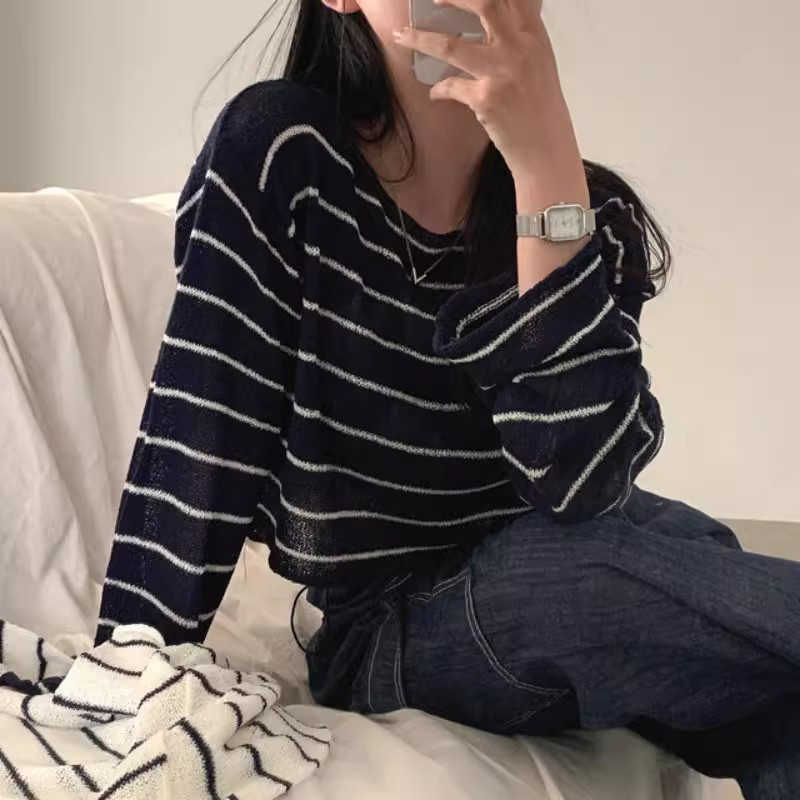 Off-neck Striped Ice Silk Sweater Loose