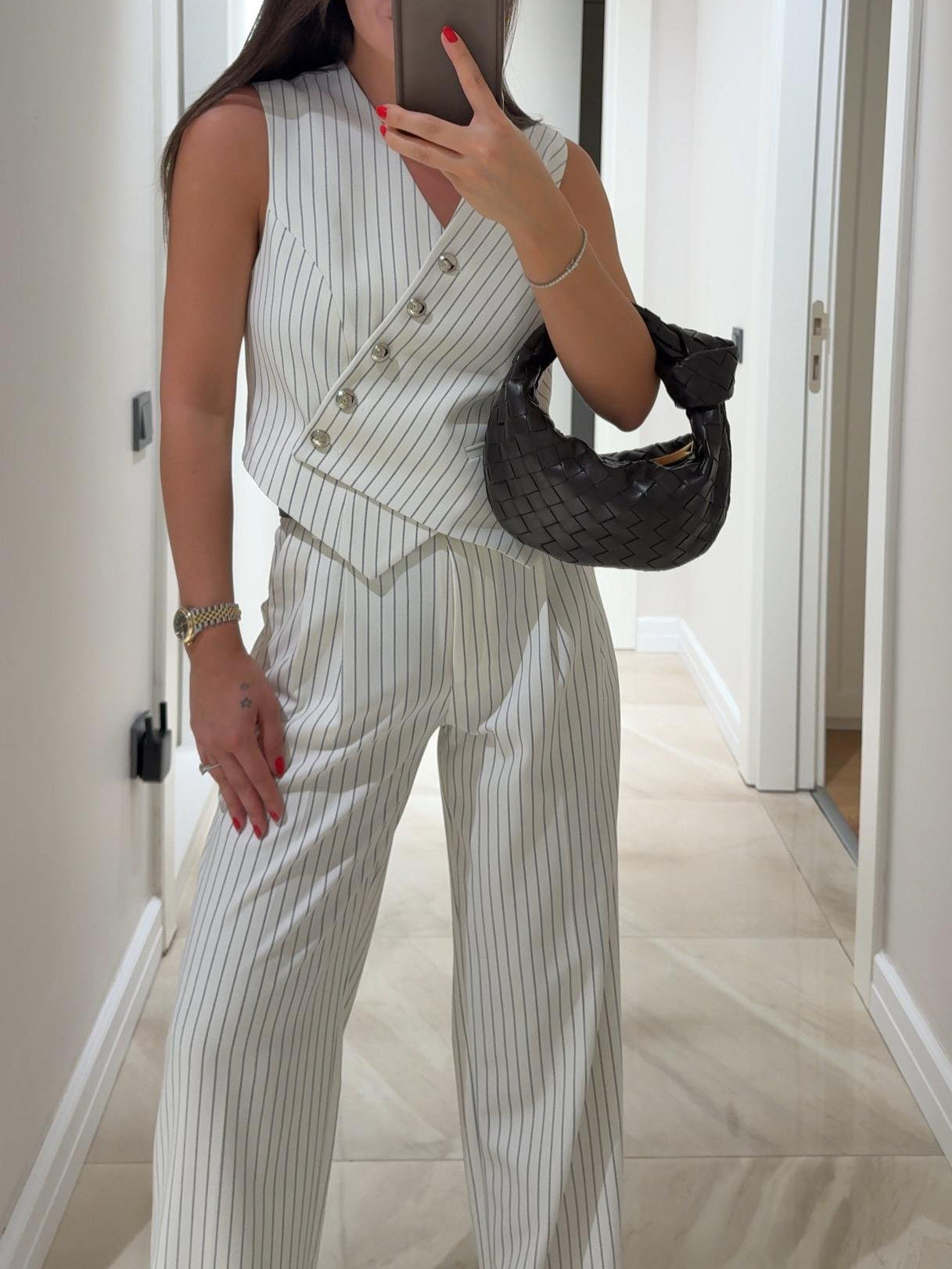 White stripe Asymmetric Collar Vest Pants Set