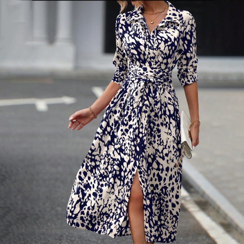 Women's Elegant V-Neck Belted Slit Dress With Leopard Print