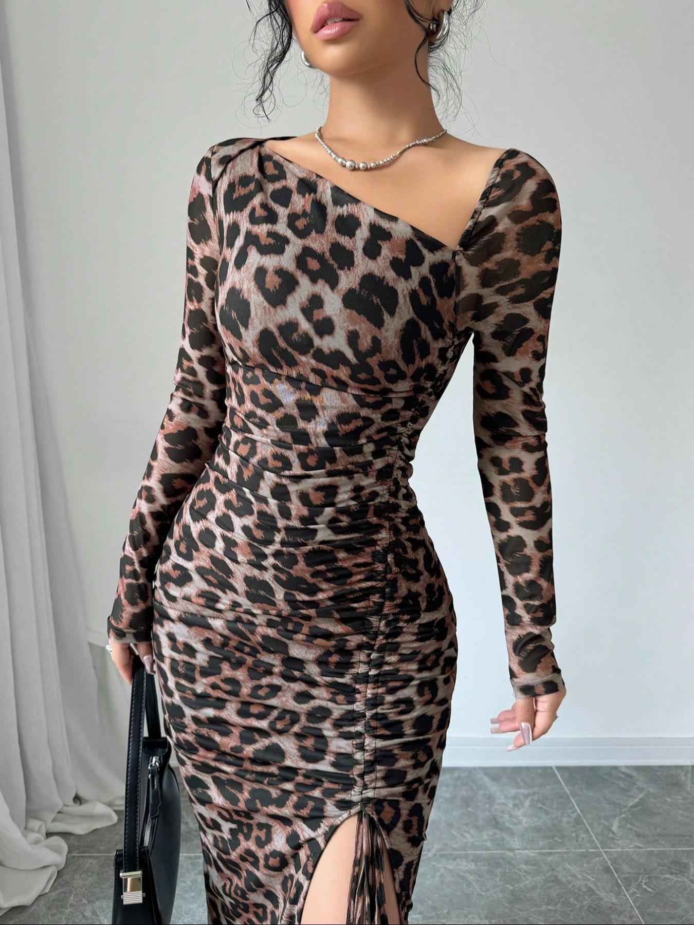 Round Neck Long Sleeve Sexy Leopard Print Dress