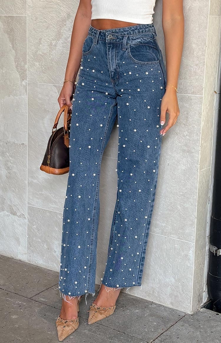 Waist Cross Beaded Straight-leg Jeans
