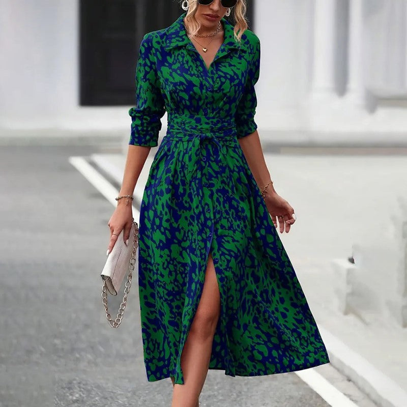 Women's Elegant V-Neck Belted Slit Dress With Leopard Print