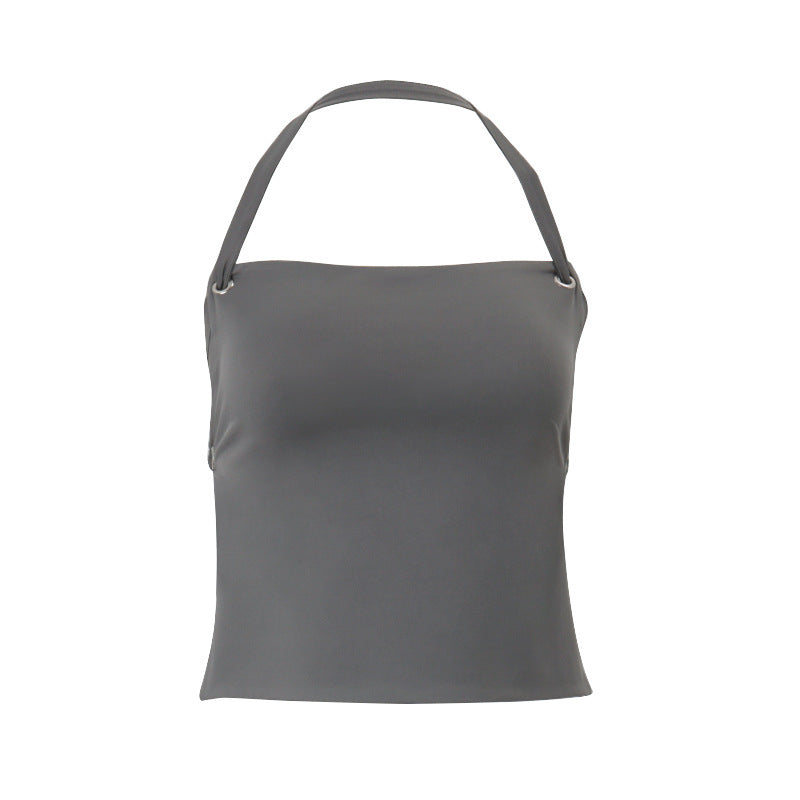 Off-neck Back Strap Halter Solid Color Top