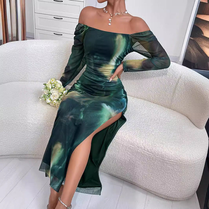European And American Fashion Tight Split Off-shoulder Dress