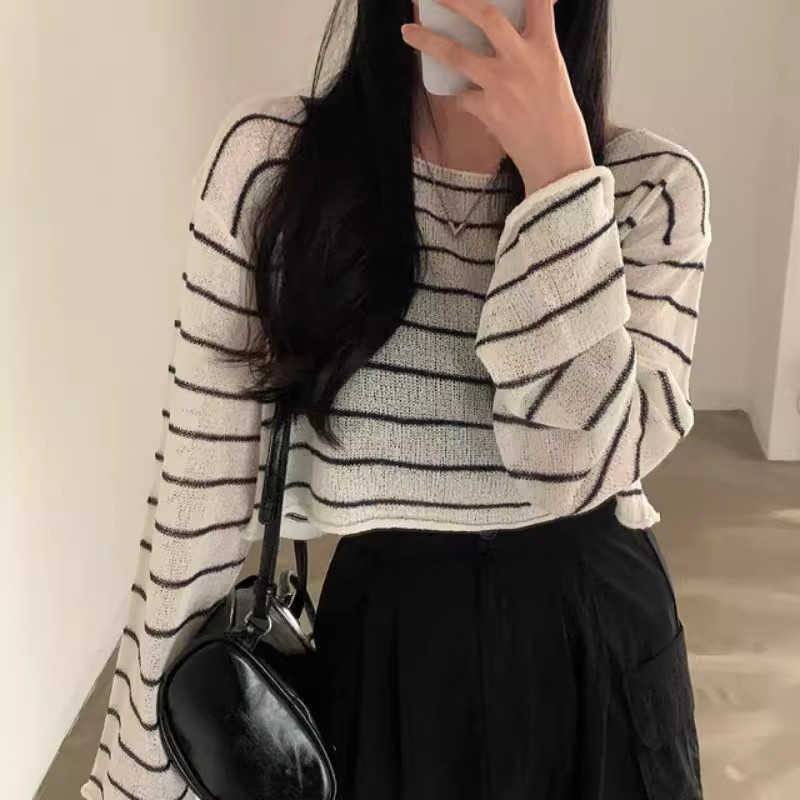 Off-neck Striped Ice Silk Sweater Loose