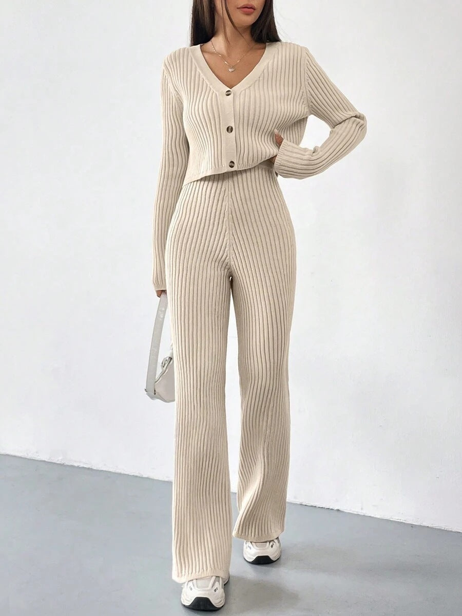 Solid Color Knitted Two-piece Women's V-neck Short Knitted