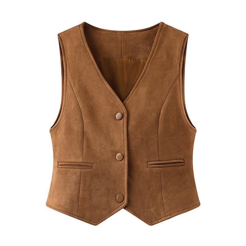 V-neck Design All-match Suede Short Vest Jacket Women