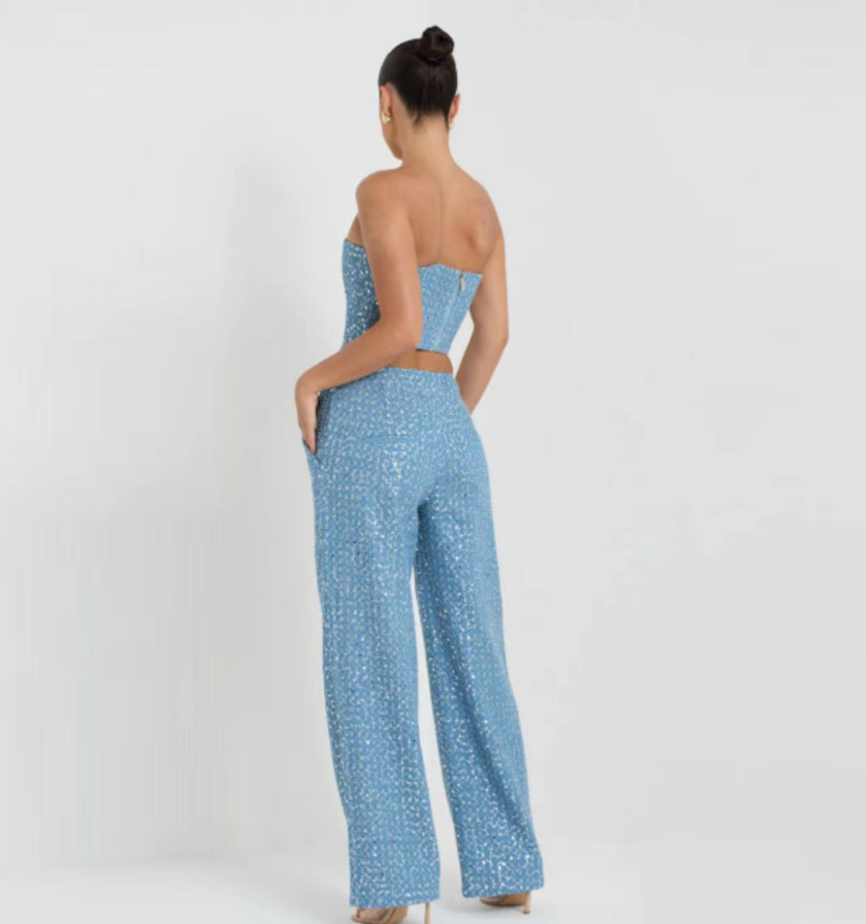 Fashion Denim Tube Top Wide Leg Pants