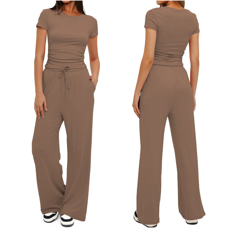 Fashion Casual Set Pleated Short Sleeves Top And Trousers