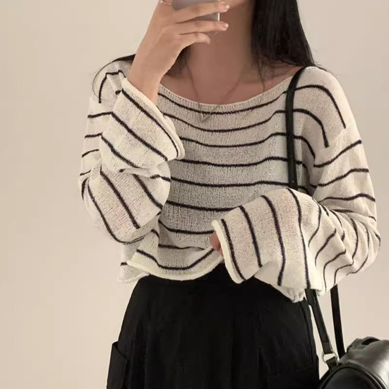 Off-neck Striped Ice Silk Sweater Loose
