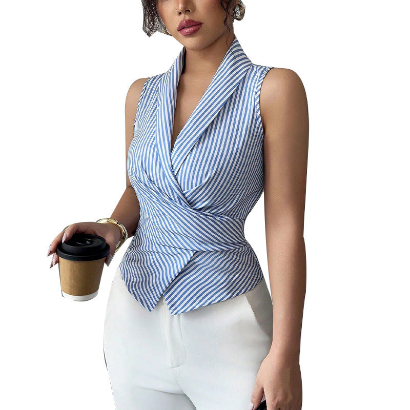 Striped Sleeveless Shirt Lace-up