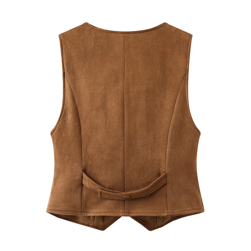 V-neck Design All-match Suede Short Vest Jacket Women
