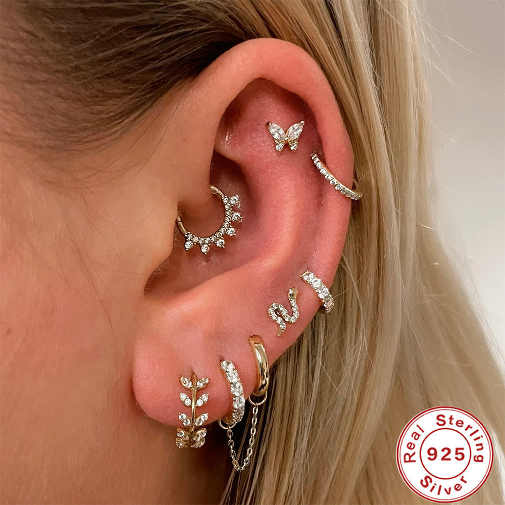 Sterling Silver Piercing Zircon With Diamond Earrings