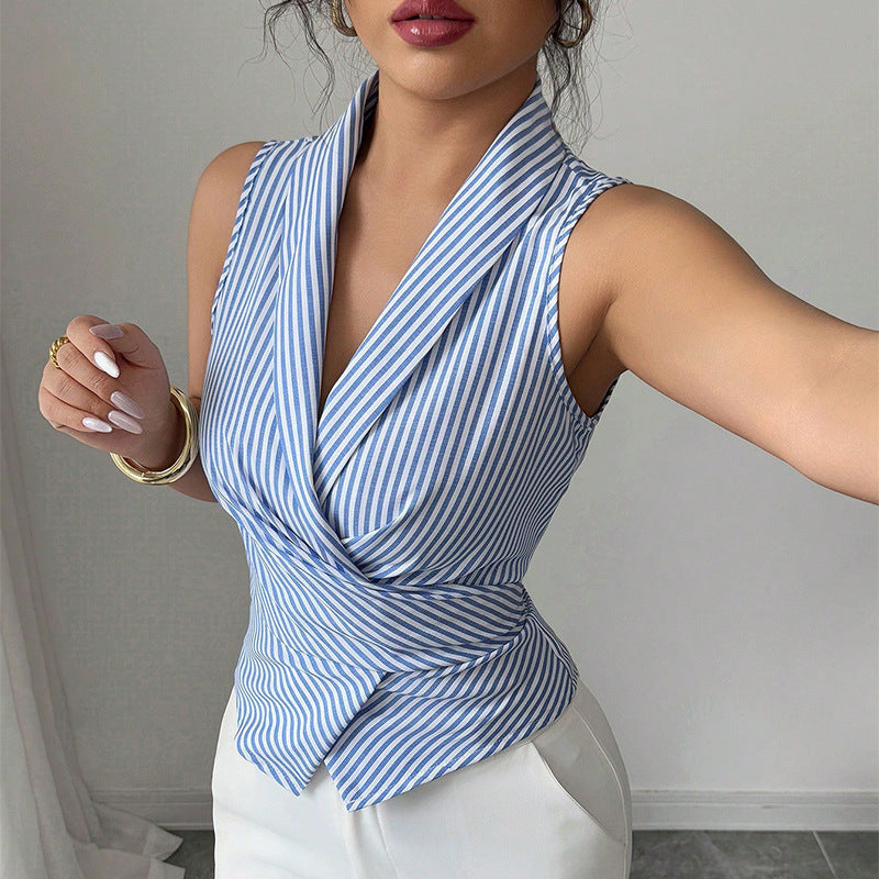 Striped Sleeveless Shirt Lace-up