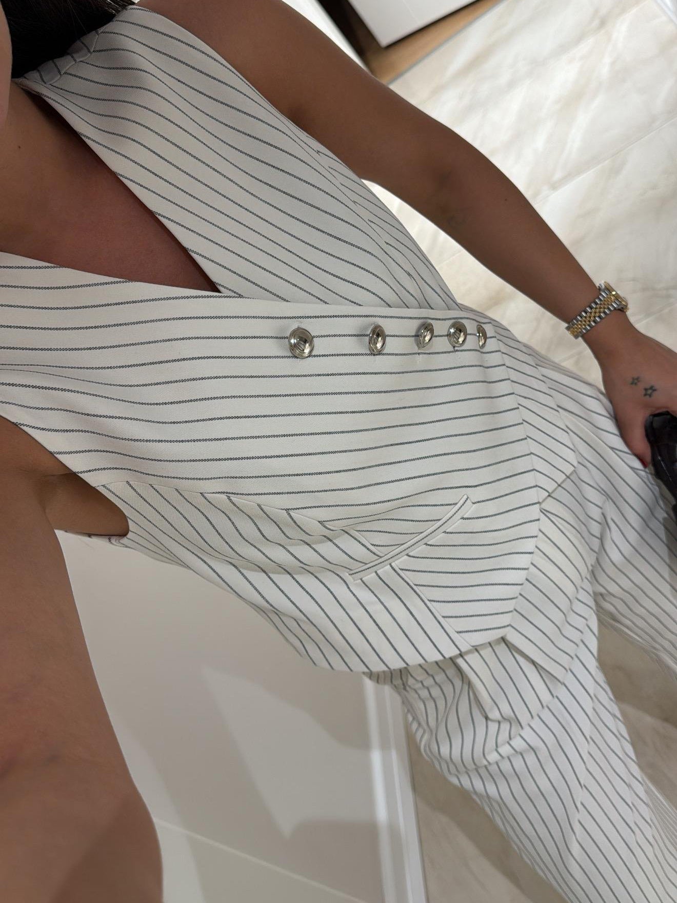 White stripe Asymmetric Collar Vest Pants Set