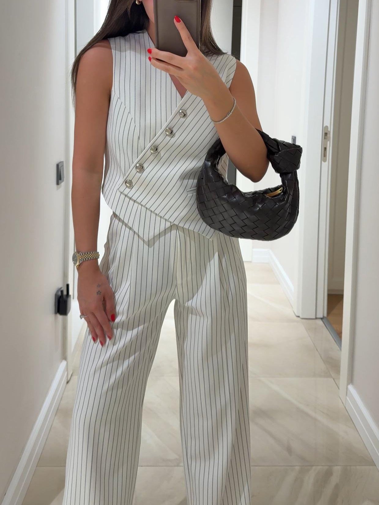 White stripe Asymmetric Collar Vest Pants Set