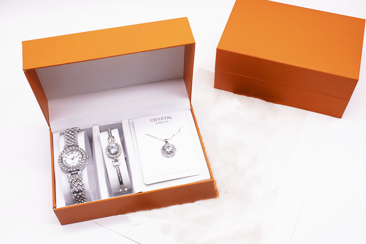 Rhinestone Watch Set With Bracelet And Necklace