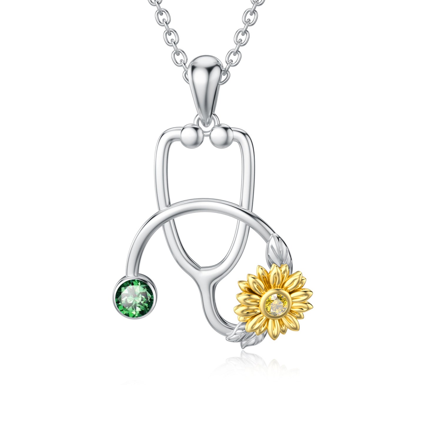 Sterling Silver Sunflower Stethoscope Medical Pendant Necklace