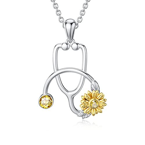 Sterling Silver Sunflower Stethoscope Medical Pendant Necklace