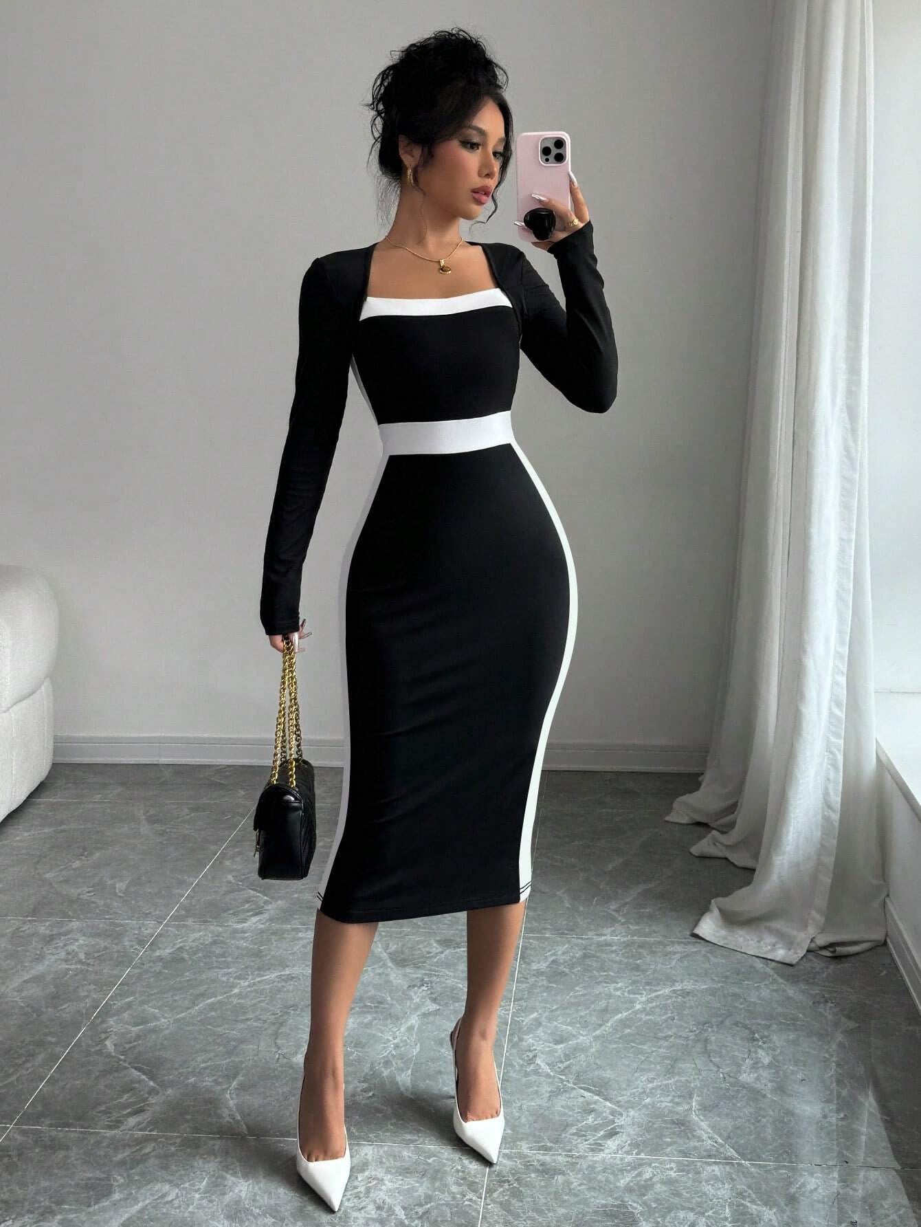 Fashion Elegant Slim Fit Square Collar Long Sleeve
