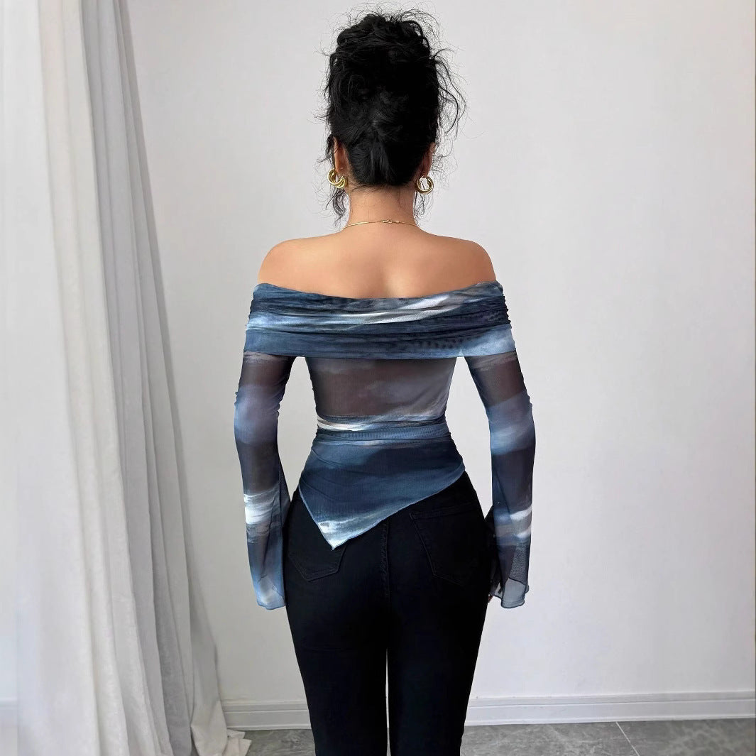 Knitted Mesh Printed Off-shoulder