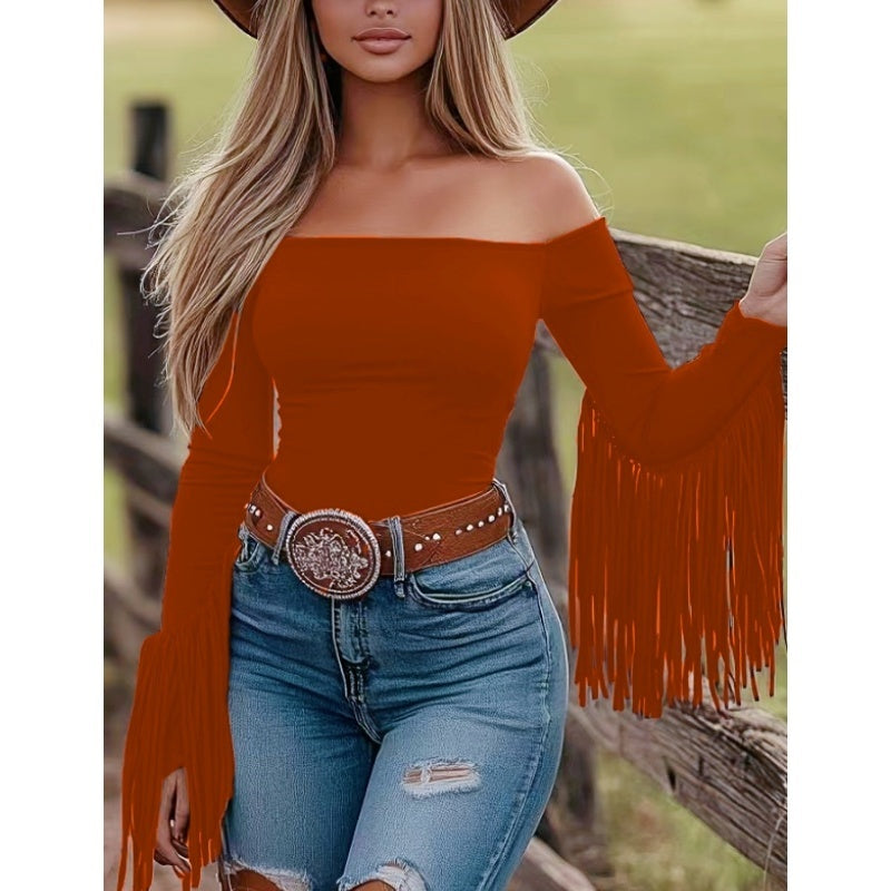 Off-Shoulder Fringe Top, Sexy Slim Fitted Long Sleeve