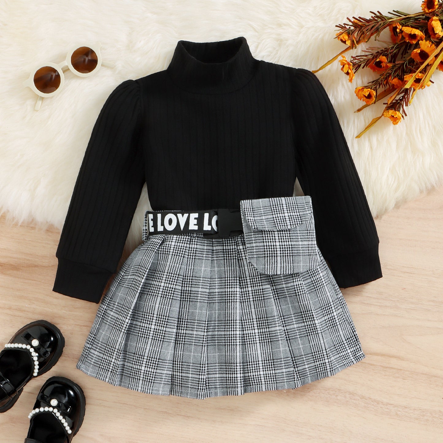 Winter Cotton Stripe Turtleneck Top Plaid Suit