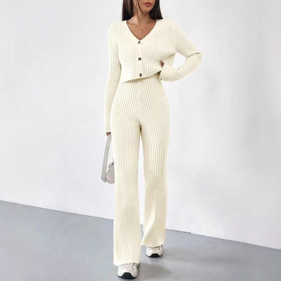 Solid Color Knitted Two-piece Women's V-neck Short Knitted