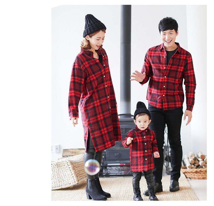 Mother and child red plaid shirt  outfit