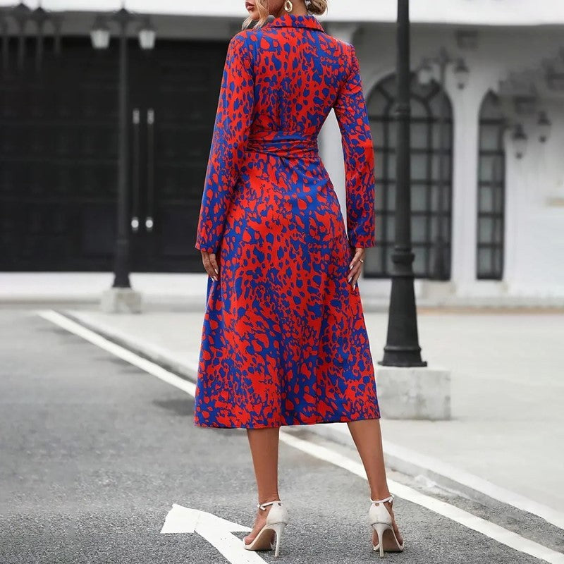 Women's Elegant V-Neck Belted Slit Dress With Leopard Print