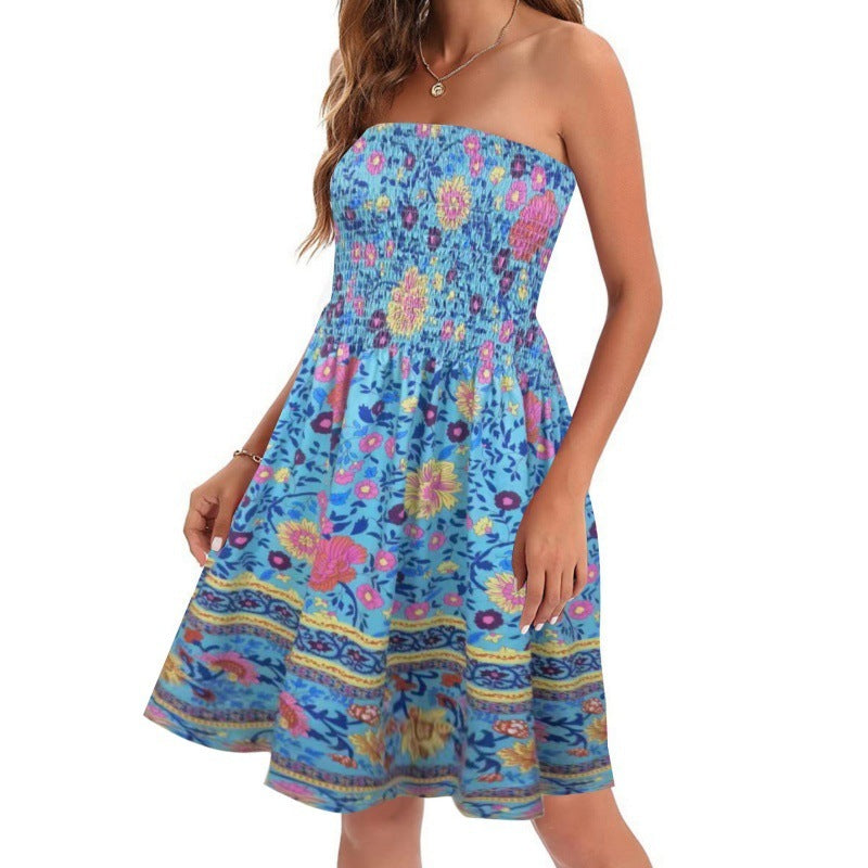 Spring And Summer New Fashion Printed Beach Vacation Sexy Tube Top Dress