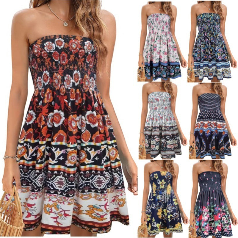 Spring And Summer New Fashion Printed Beach Vacation Sexy Tube Top Dress