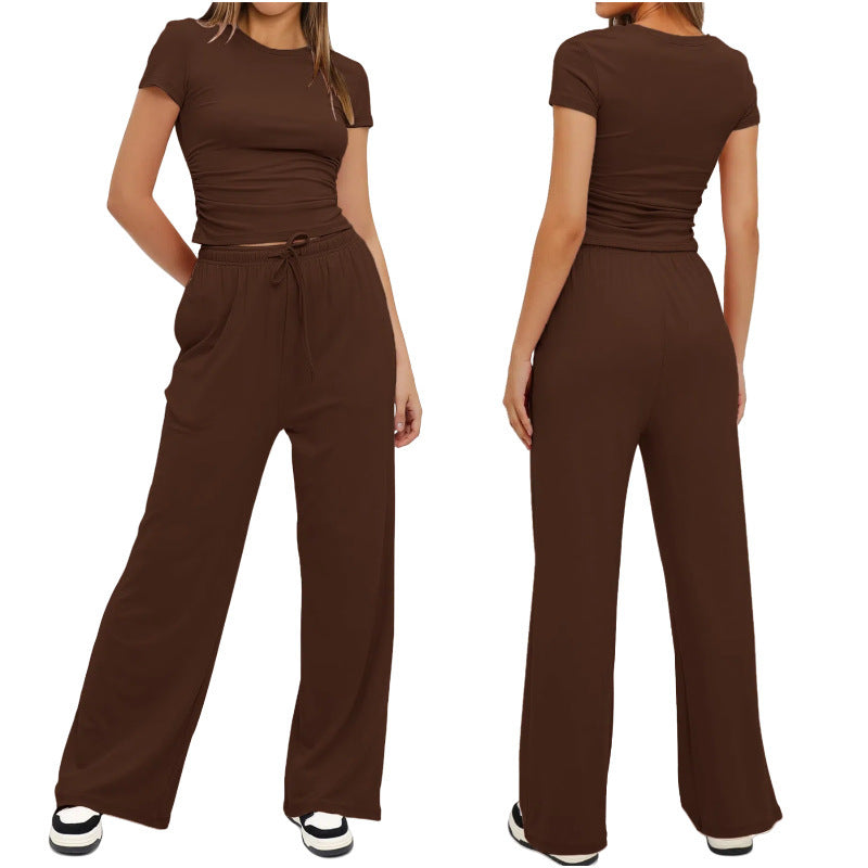 Fashion Casual Set Pleated Short Sleeves Top And Trousers