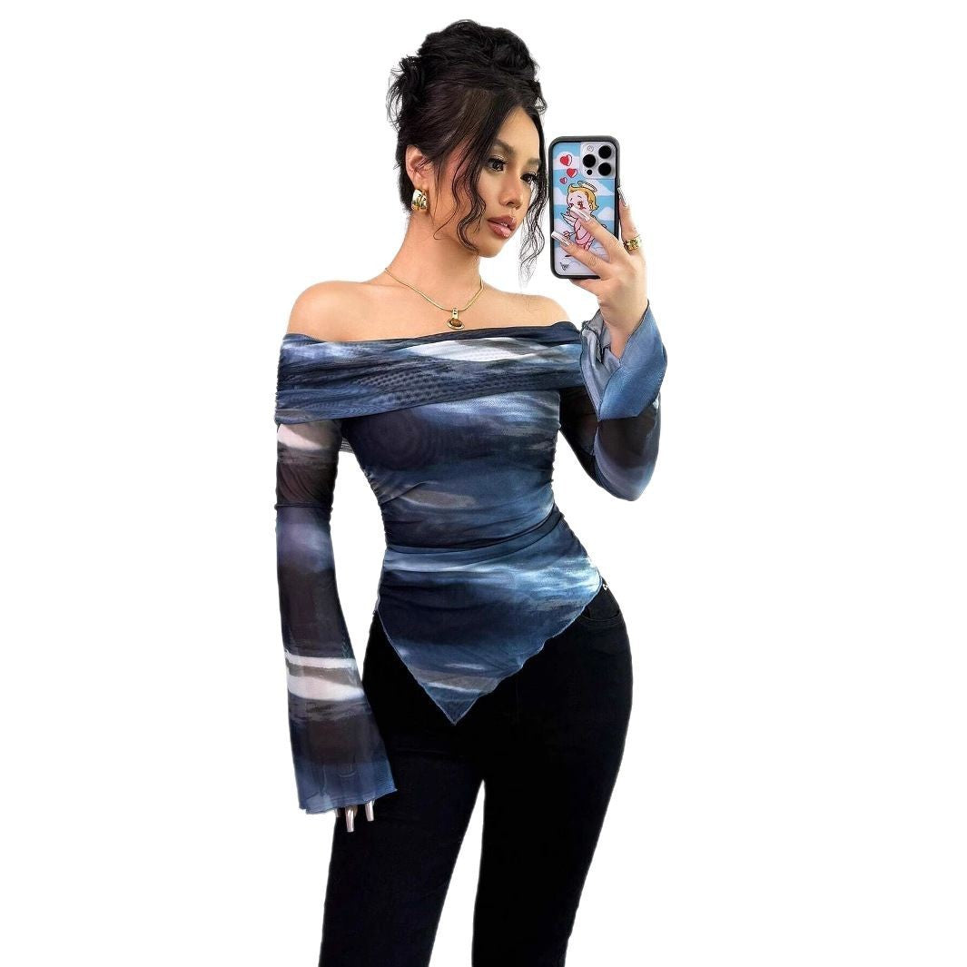 Knitted Mesh Printed Off-shoulder
