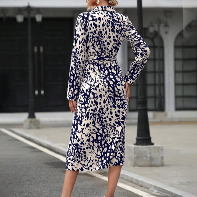 Women's Elegant V-Neck Belted Slit Dress With Leopard Print