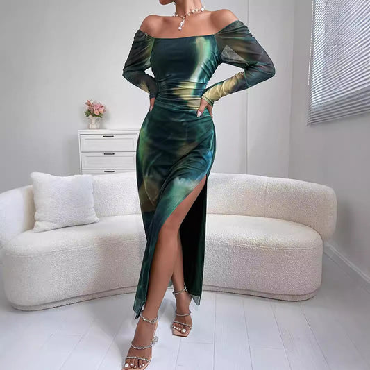 European And American Fashion Tight Split Off-shoulder Dress